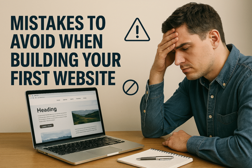 Frustrated man sitting in front of a laptop with an unfinished website, illustrating common mistakes when building your first website