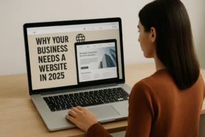 Woman browsing a professional business website on a laptop, symbolizing the importance of having an online presence in 2025.